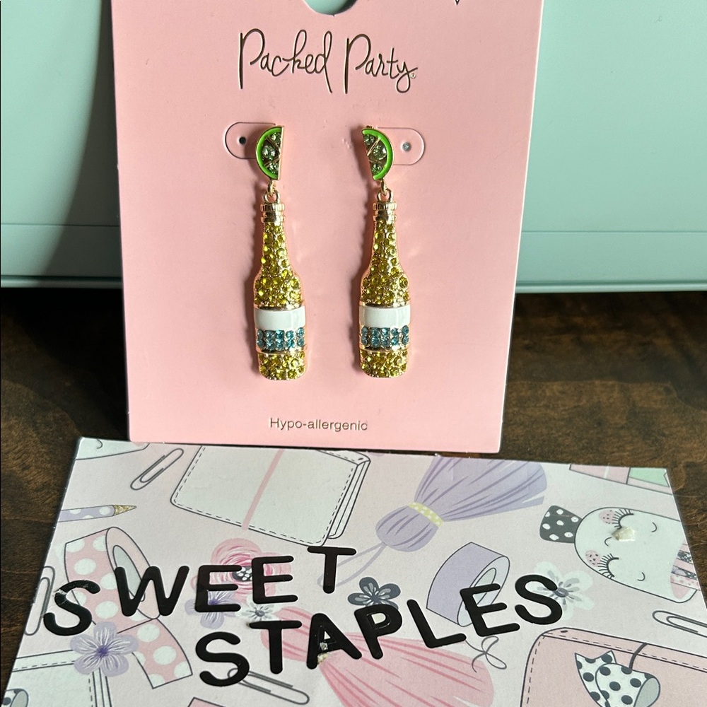 Packed Party Glittering Gold and Green Bottle Earrings